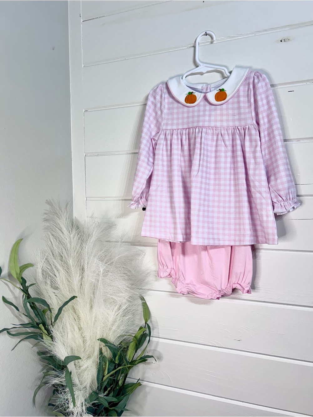 Pink Gingham Long-Sleeve Baby Pajama Set with Pumpkin Collar Detail